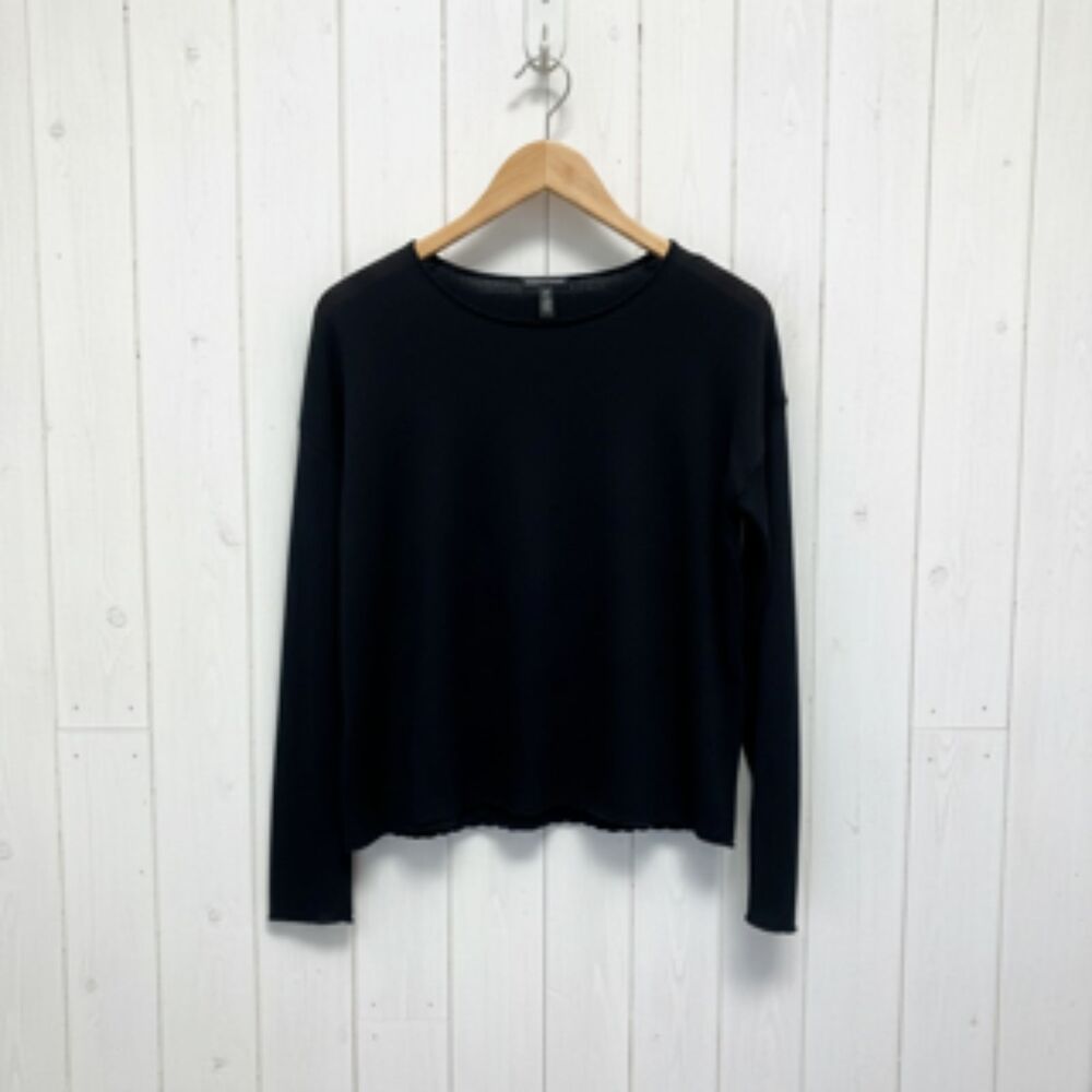 Eileen Fisher 100% Extra Fine Merino Wool Crew Neck Box-Top Sweater Black XXS